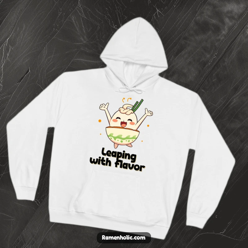 Funny hoodie featuring a happy ramen bowl character in a joyous leap, radiating warmth and deliciousness, perfect for cozy days.