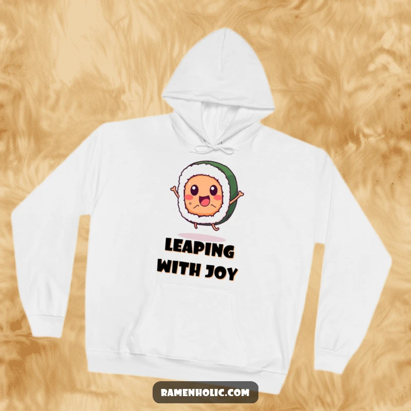 Funny sushi roll character hoodie, happily jumping, offering warmth and a humorous, energetic vibe.