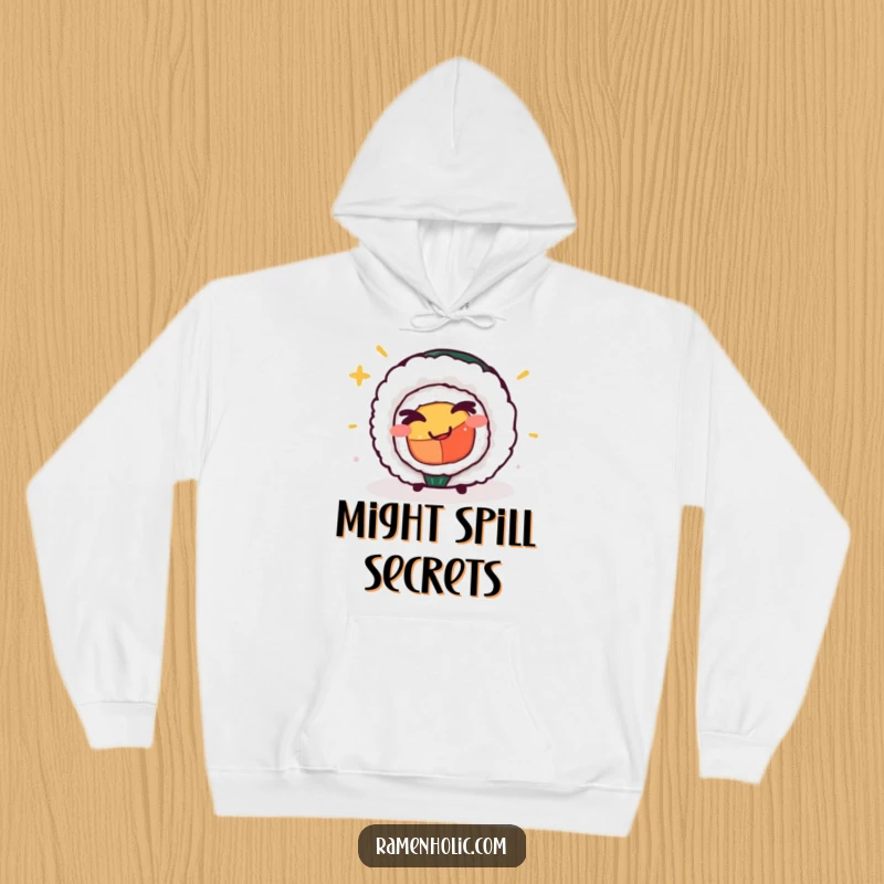 Funny sushi roll hoodie, featuring a winking character, perfect for cozying up with a smile.