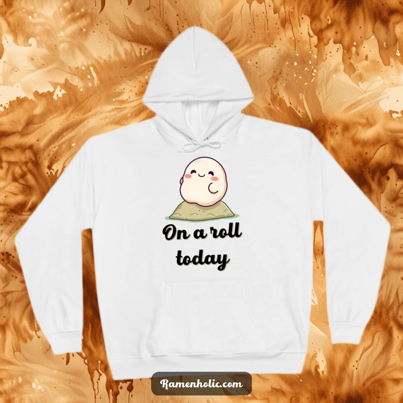 Funny dumpling character hoodie, smiling and rolling down a hill, offering warmth and a humorous, whimsical vibe.