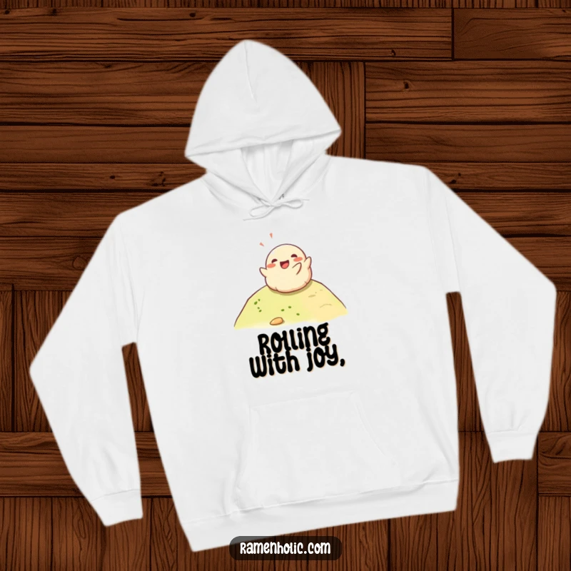 Funny happy dumpling rolling down a hill, radiating pure joy, a cozy and humorous hoodie for dumpling fans.