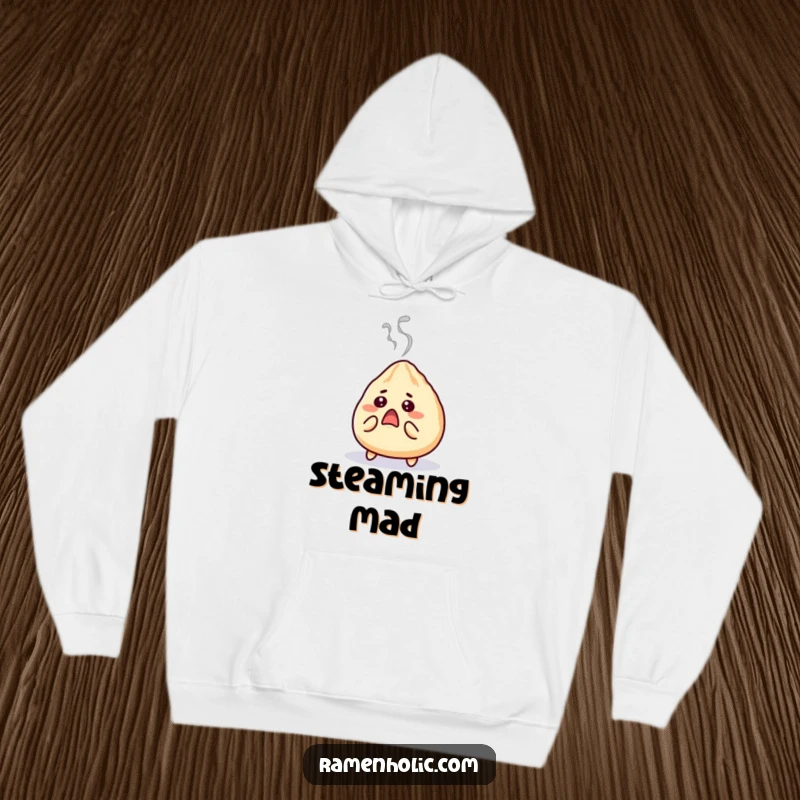 Funny gyoza hoodie, a surprised character with steam puffing out, offering warmth and a humorous, shocking twist.