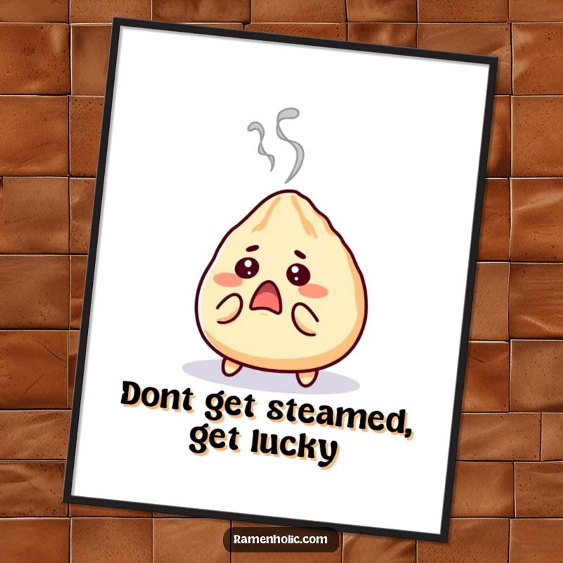 Funny Free Printable Wall Art of a surprised gyoza character looking shocked with steam.