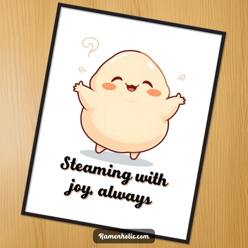 Funny Free Printable Dumpling Wall Art: Plump dumpling character doing a happy jig, steam rising playfully.