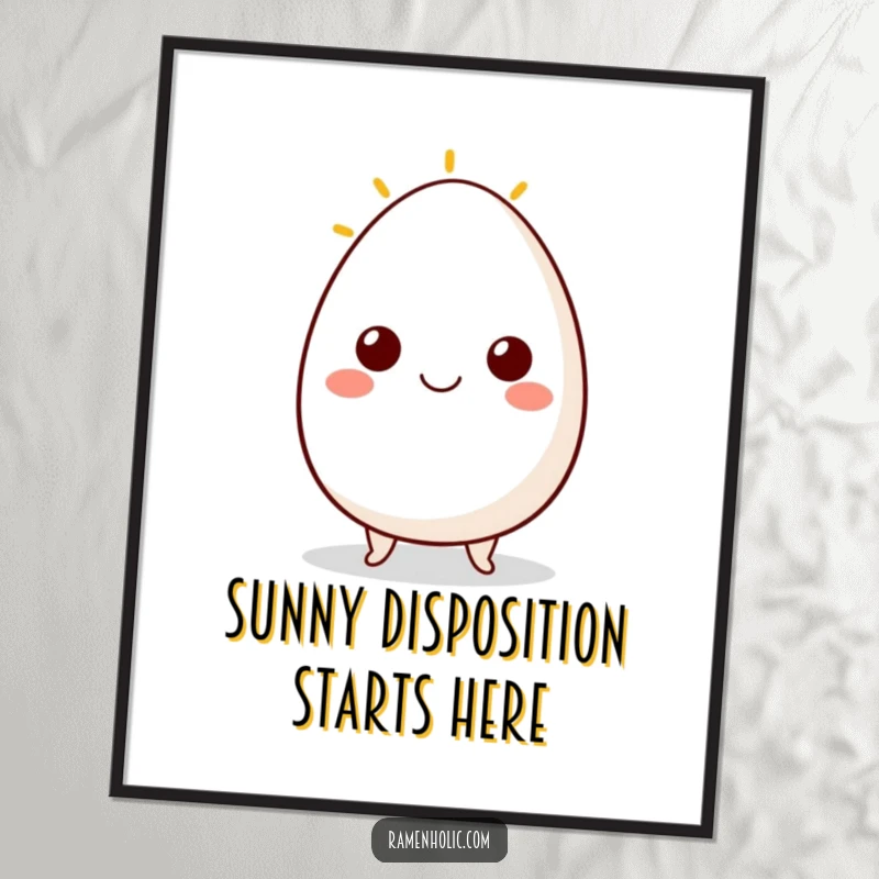 Funny Free Printable Wall Art of an egg character with a radiant sunny side up smile, bringing joy and warmth.