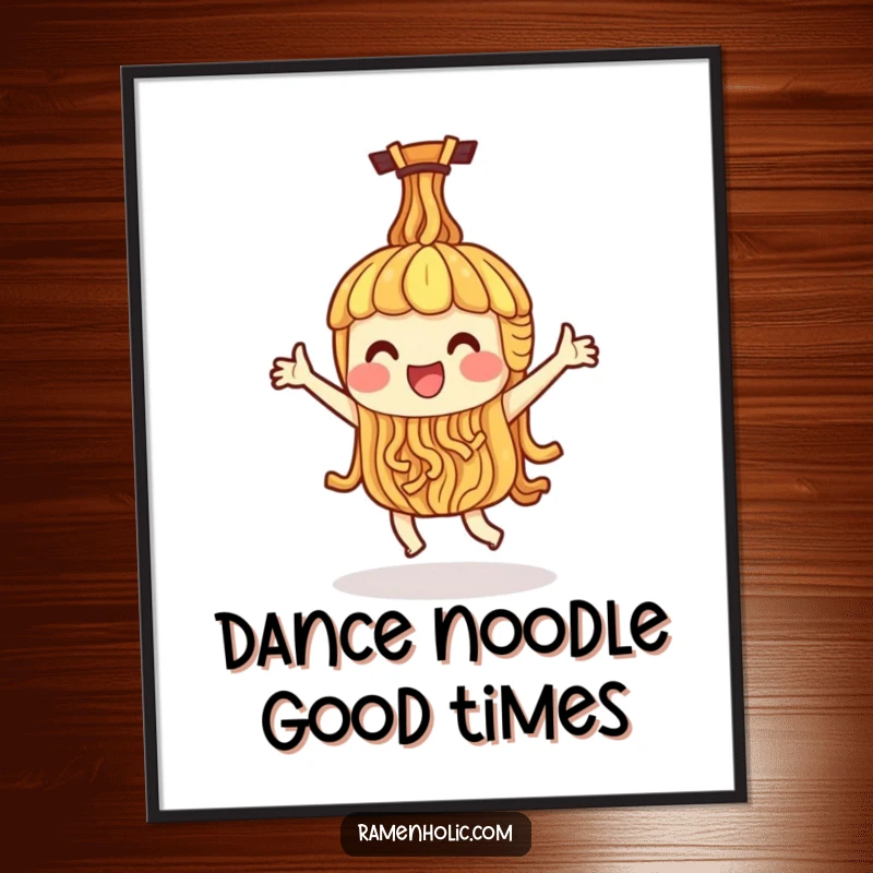 Funny Free Printable Wall Art: Single ramen noodle character doing a happy, energetic dance, a hilarious downloadable art print. Fun for foodies.