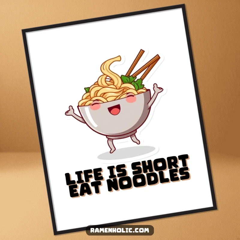 Funny Free Printable Noodle Wall Art: Smiling bowl of noodles doing a silly dance, chopsticks waving like arms.