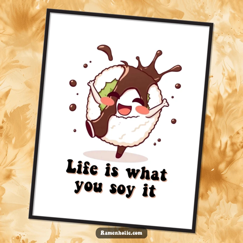 Funny Free Printable Sushi Wall Art: Cheerful sushi roll character doing a cartwheel, soy sauce splashing happily.
