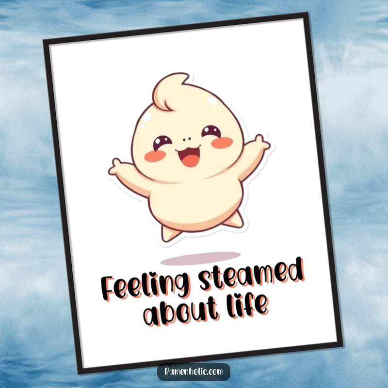 Funny Free Printable Wall Art: A cheerful dumpling character is leaping high in the air, radiating pure, uncontainable joy.