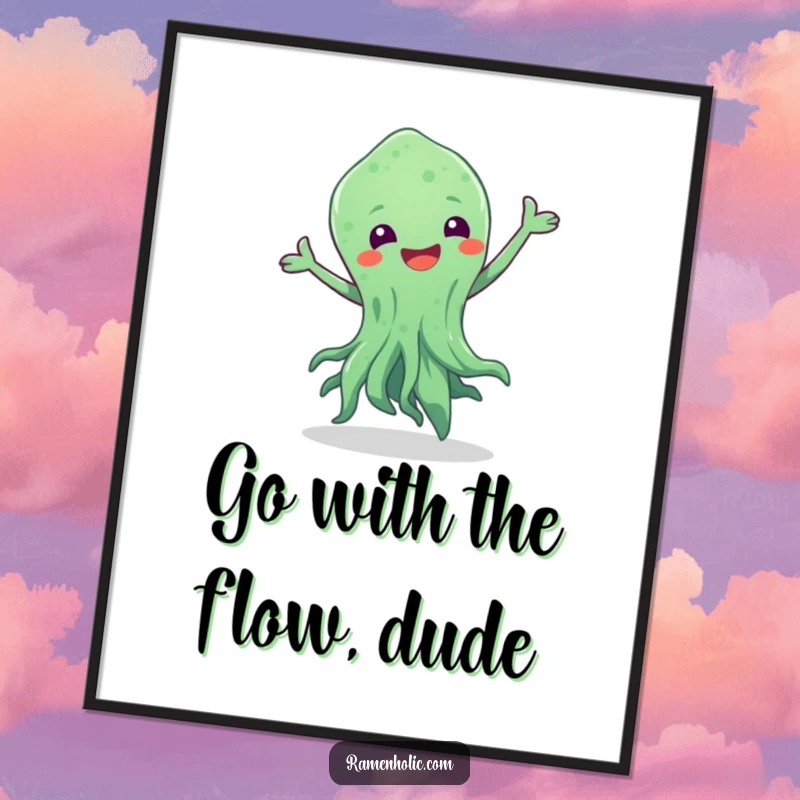 Funny Free Printable Wall Art of a seaweed character performing a happy, swishy dance, adding a touch of whimsy.