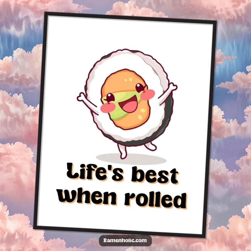 Funny Free Printable Wall Art: A happy sushi roll character is performing a joyful cartwheel with its toppings looking ecstatic.