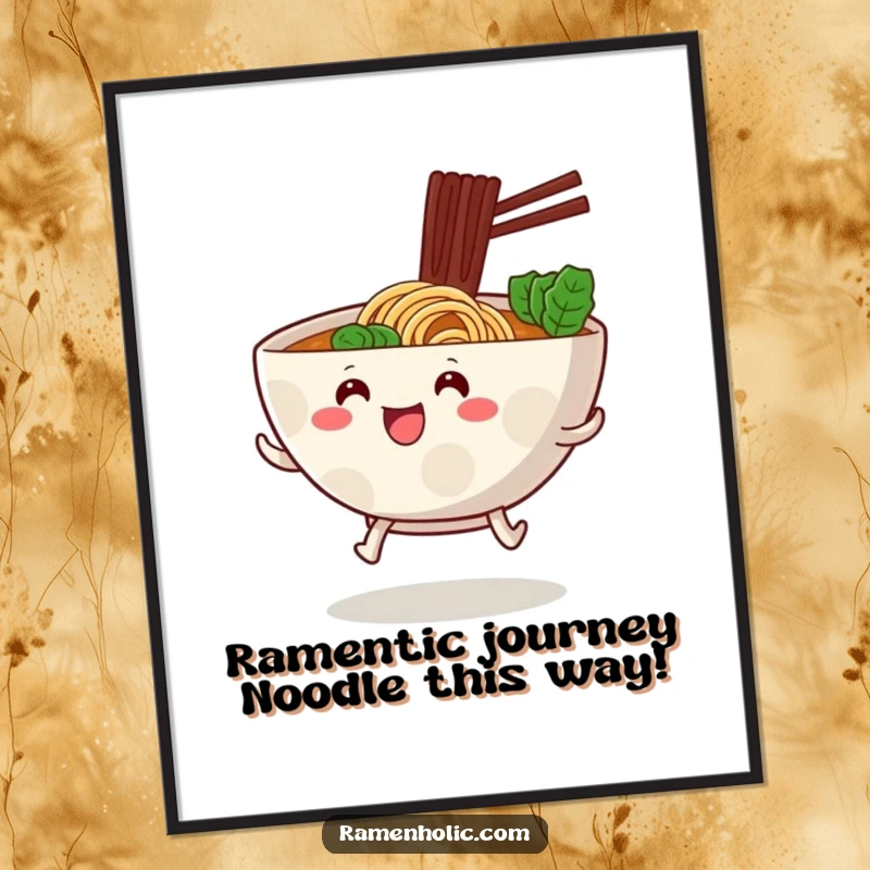 Funny Free Printable Wall Art: A ramen bowl character with stubby legs joyfully hopping, a humorous and cute piece of art.