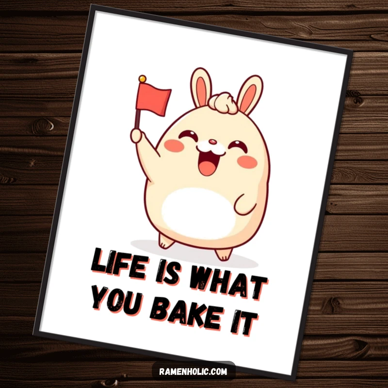 Funny Free Printable Wall Art: A cheerful bao bun character joyfully waving a tiny flag, radiating happiness.