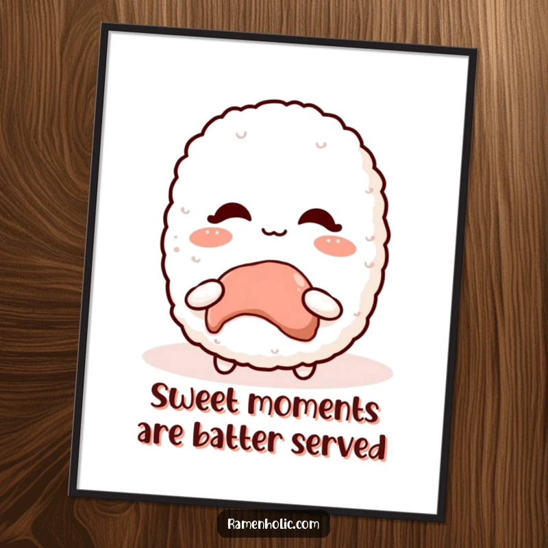 Funny Free Printable Wall Art: A kawaii rice ball blushing adorably while coyly presenting a small sweet treat, perfect for kitchens.