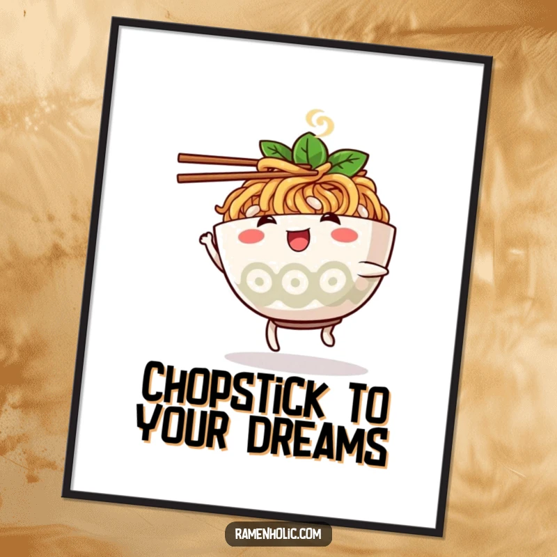 Funny Free Printable Wall Art: A happy ramen bowl character performing a lively dance with chopsticks, full of energy.