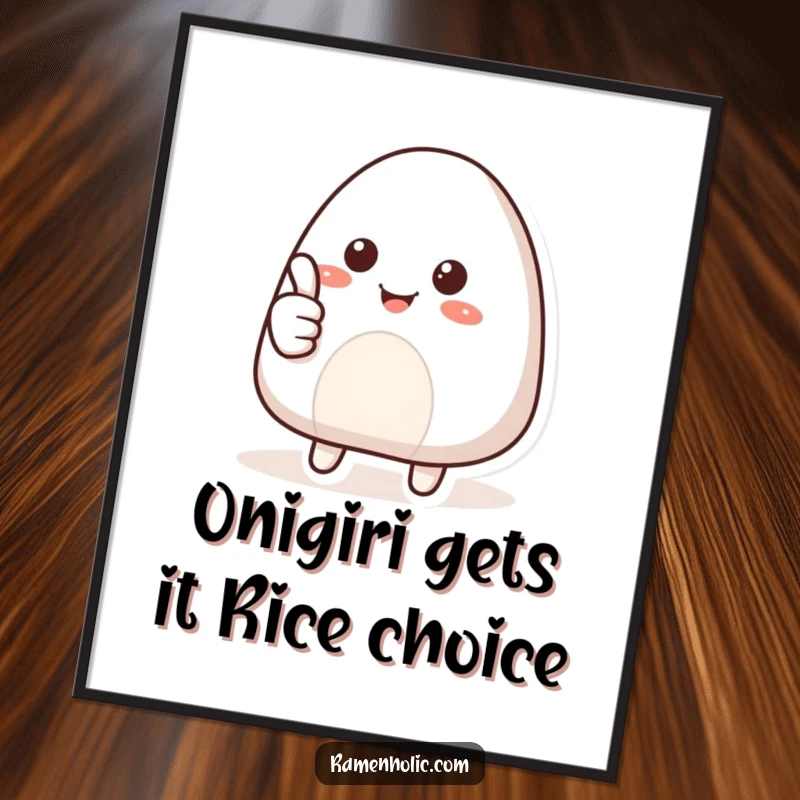 Funny Free Printable Wall Art: A smiling onigiri character giving a cheerful thumbs up, positive food art.