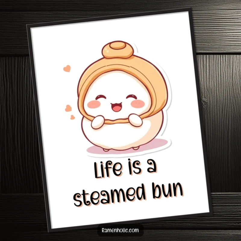 Funny Free Printable Wall Art: A shy steamed bun character blushing and giggling, adding cute humor to any room.