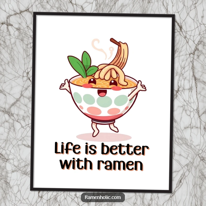 Funny Free Printable Wall Art: A cheerful ramen bowl character doing a happy dance, steam swirling playfully.