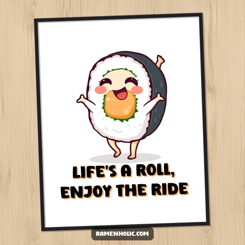 Funny Free Printable Wall Art: A smiling sushi roll in mid-cartwheel, radiating pure joy and energetic movement. Downloadable poster.