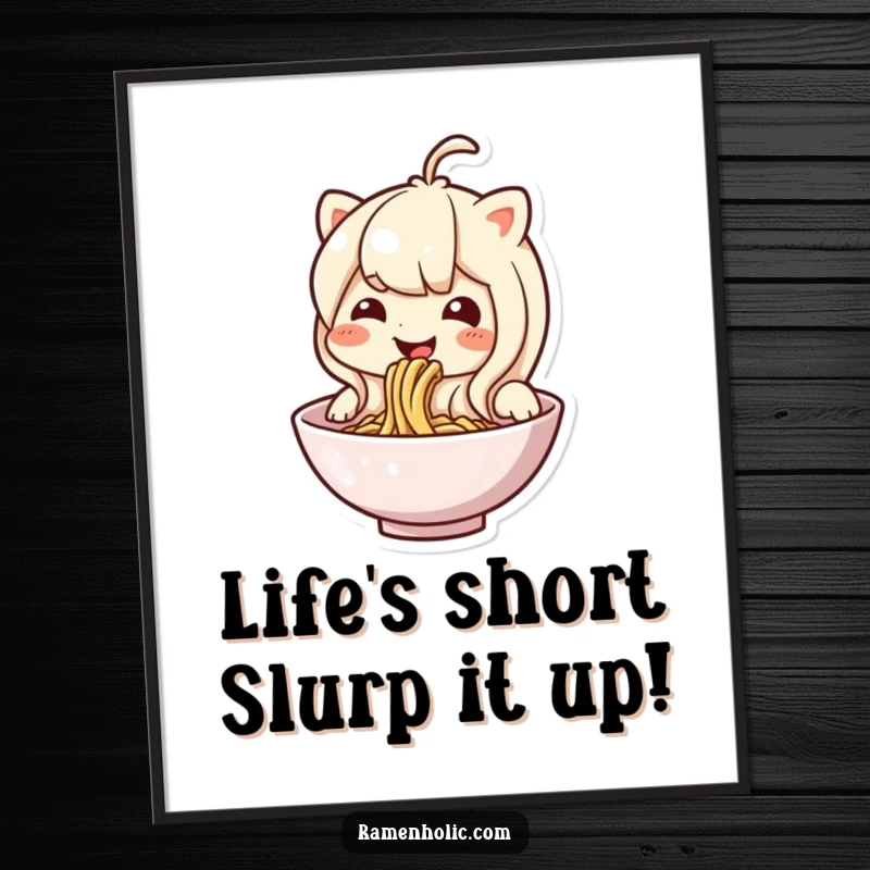 Funny Free Printable Wall Art: An anthropomorphic noodle character contentedly slurping from its own bowl, radiating happiness.