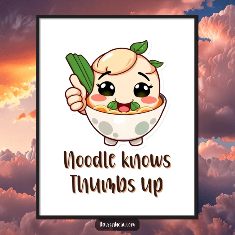 Funny Free Printable Wall Art: Smiling ramen bowl character giving a thumbs up, a hilarious downloadable art print. Perfect for noodle lovers.