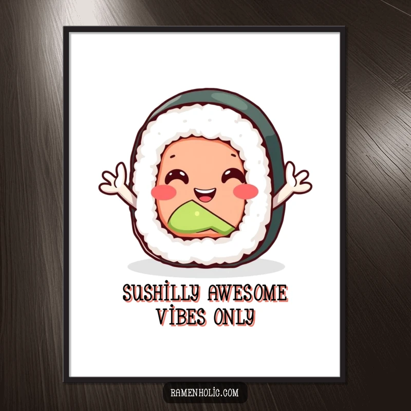 Funny Free Printable Wall Art: A smiling sushi roll with tiny arms waving hello, perfect for kitchen decor.