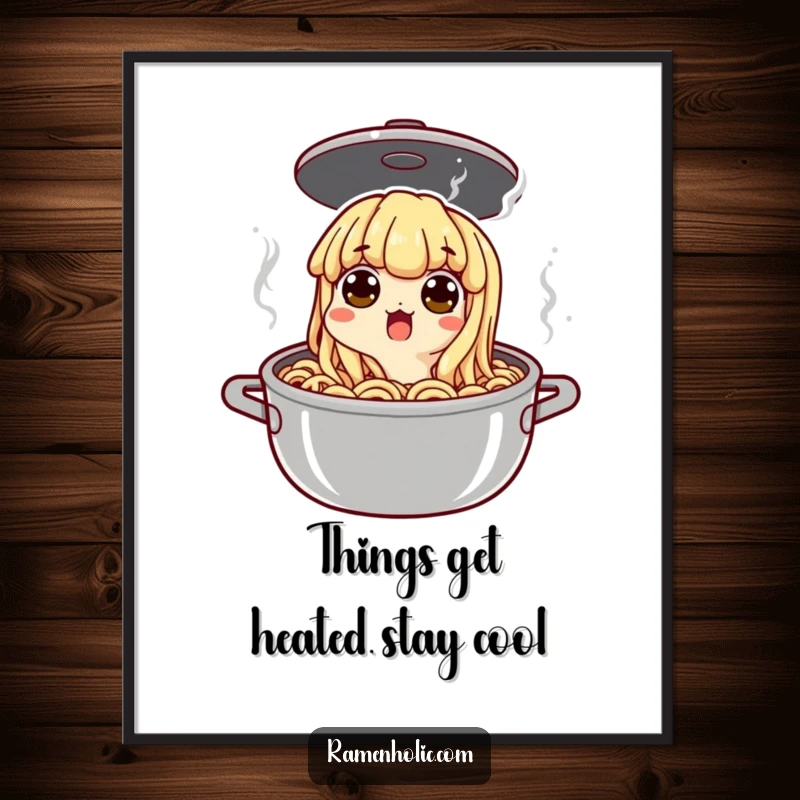 Funny Free Printable Wall Art: A surprised noodle character peeking from a boiling pot, eyes wide with comical disbelief. Downloadable.