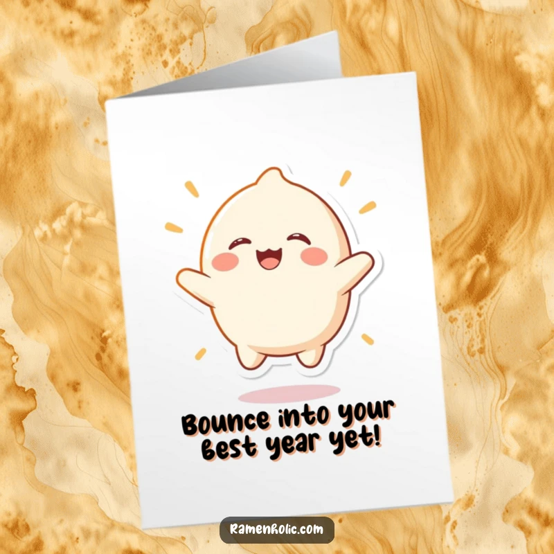 Funny Free Printable Birthday Card: A joyful mochi character bouncing with infectious laughter, ready to celebrate.