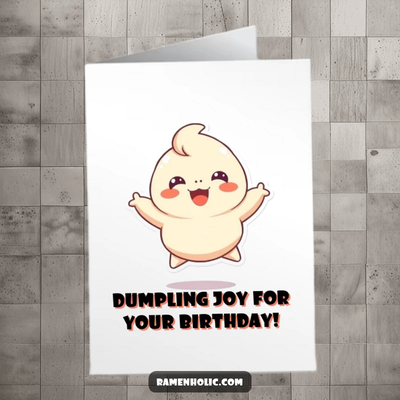 Funny Free Printable Birthday Card: A cheerful dumpling character is captured mid-leap, arms and legs spread in sheer delight.
