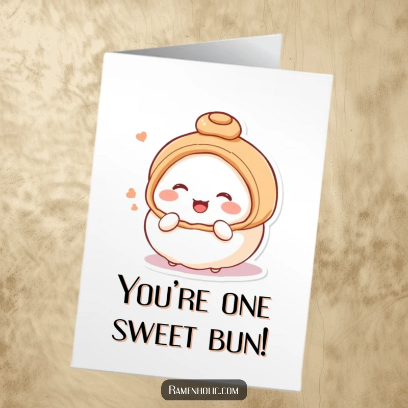 Funny Free Printable Birthday Card: A cute steamed bun character blushing and giggling, conveying birthday joy humorously.