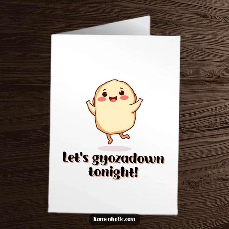 Funny Free Printable Birthday Card: A cute gyoza character with little legs joyfully twirls, full of celebratory energy.