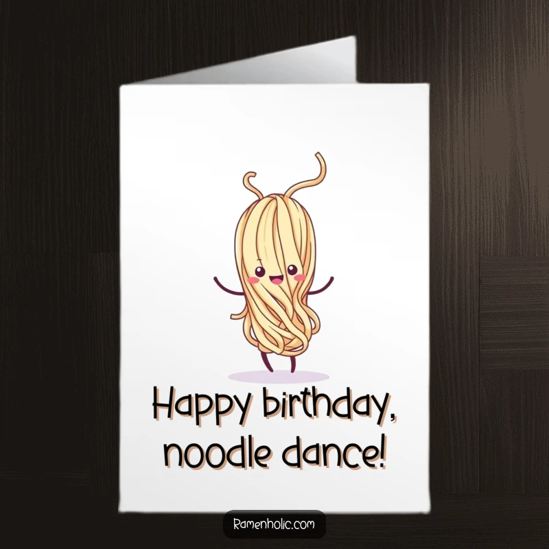 Funny Free Printable Birthday Card: Kawaii noodle strand doing a happy, whimsical dance with a swirl.