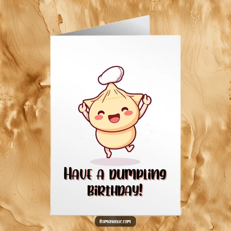 Funny Free Printable Birthday Card: Playful chopsticks character gently bopping a happy dumpling, celebrating a birthday.