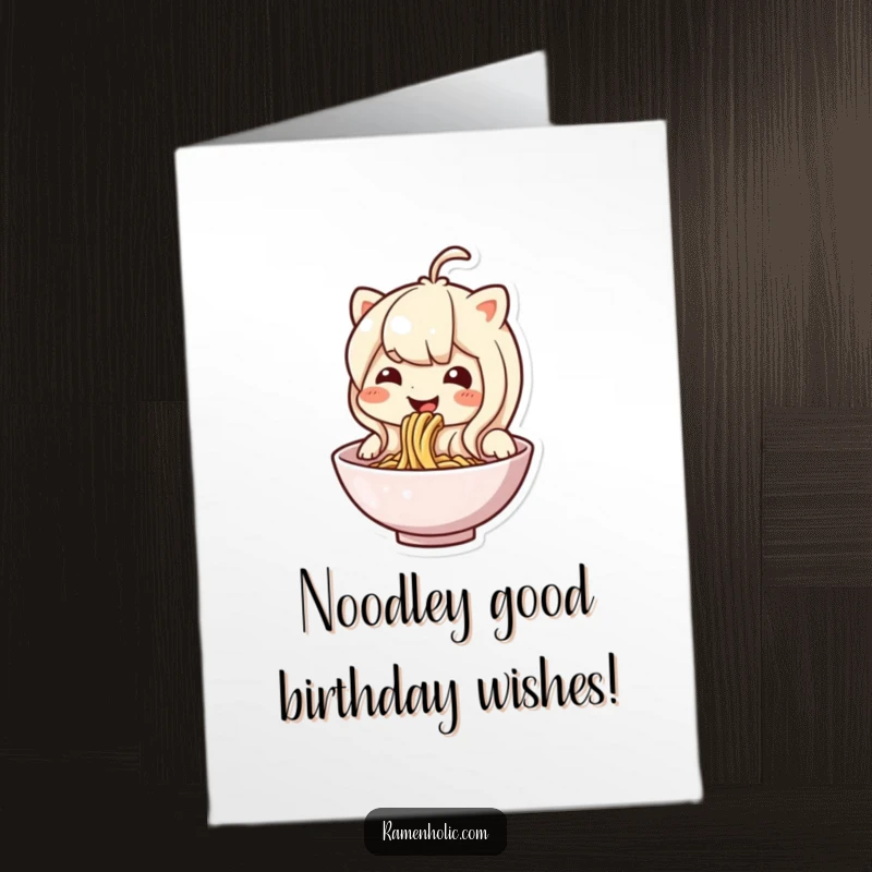 Funny Free Printable Birthday Card: A happy noodle character joyfully slurping from its own bowl, expressing pure delight.
