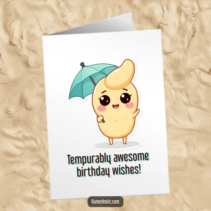 Funny Free Printable Birthday Card: Happy Tempura piece shielding itself with a tiny umbrella, delivering joy.