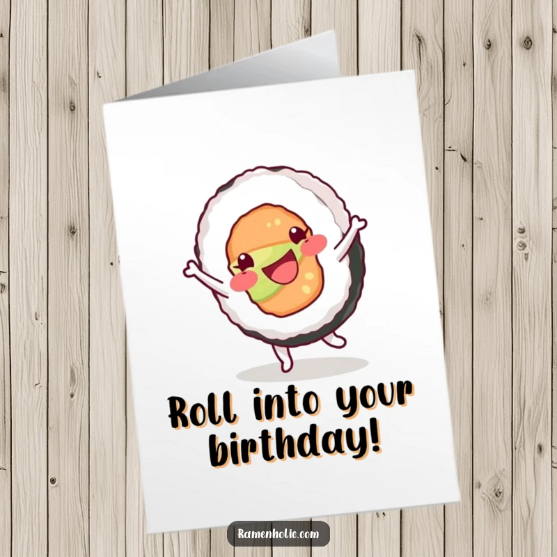 Funny Free Printable Birthday Card: A happy sushi roll character with eyes closed in joy is performing a cartwheel mid-air.