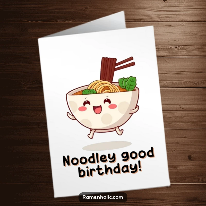 Funny Free Printable Birthday Card: A cute ramen bowl with tiny stubby legs excitedly hopping forward, perfect for a birthday wish.