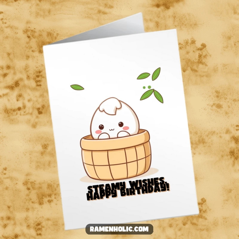 Funny Free Printable Birthday Card: Shy Mochi peeking from steaming bamboo steamer, adorable and cute.