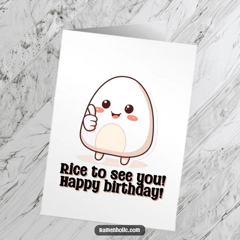 Funny Free Printable Birthday Card: A smiling onigiri, the Japanese rice ball, gives a big thumbs up.