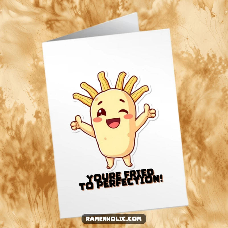 Funny Free Printable Birthday Card showing a smiling tempura character celebrating with crispy extensions.