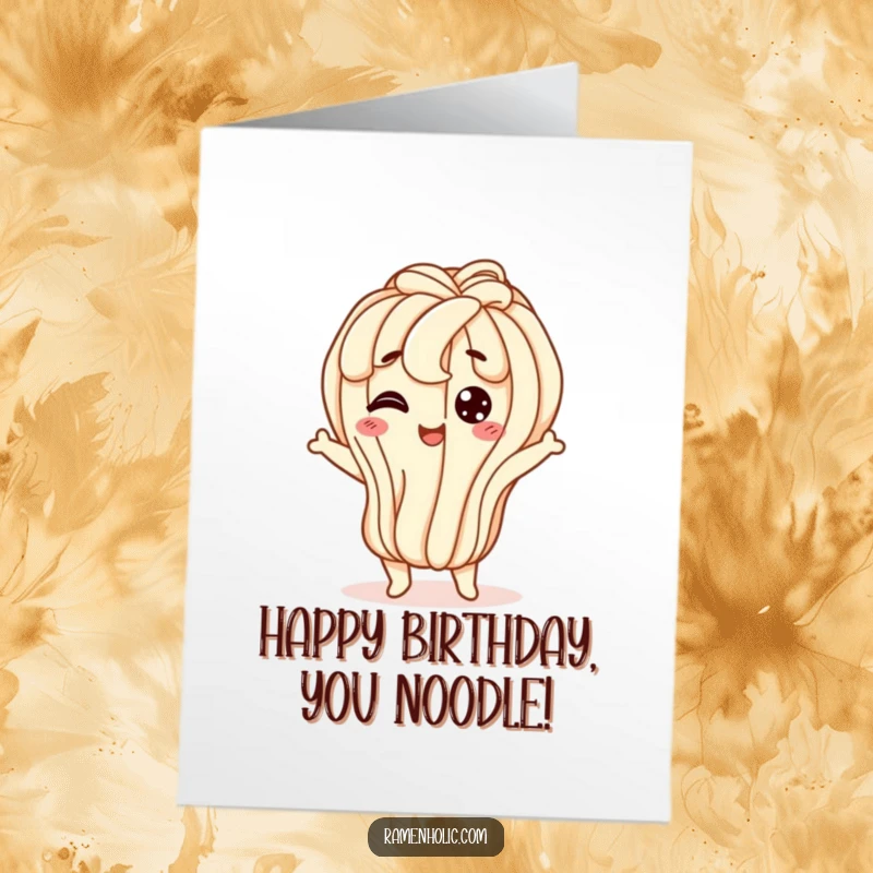 Funny Free Printable Birthday Card of a happy udon noodle character doing a wiggly jiggle.