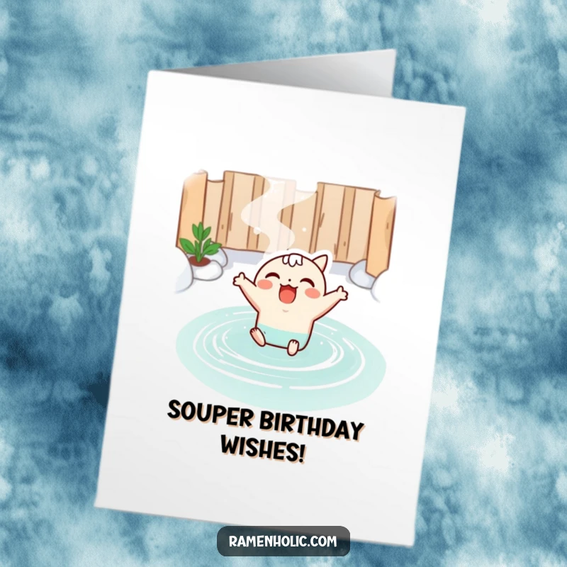 Funny free printable birthday card showing a kawaii miso soup character joyfully leaping into a steaming hot spring.