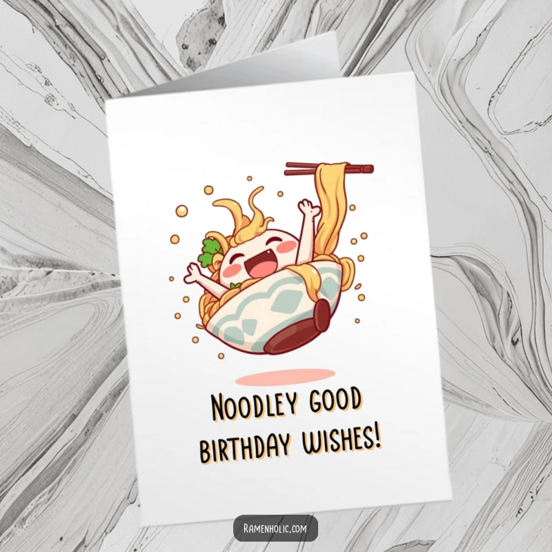Funny Free Printable Birthday Card: Dancing ramen bowl character doing a happy somersault, broth splashing joyfully.