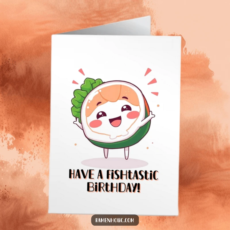 Funny Free Printable Sashimi Birthday Card: Happy sushi slice character doing a celebratory spin for a birthday.