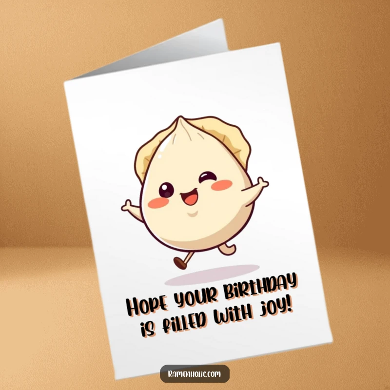 Funny Free Printable Birthday Card: Smiling gyoza character doing a happy little hop, pleats jiggling with delight.