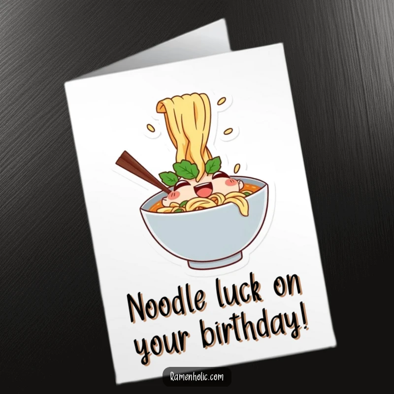 Funny Free Printable Birthday Card: A happy ramen bowl character joyfully splashes noodles, celebrating a birthday.
