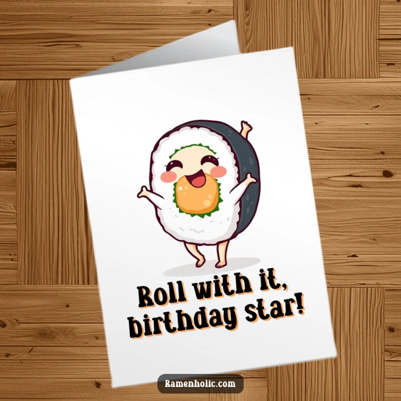 Funny Free Printable Birthday Card: A jubilant sushi roll mid-cartwheel, spreading cheer with a playful flip. Downloadable gift.