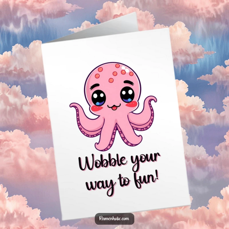 Funny Free Printable Birthday Card featuring a kawaii octopus wiener with googly eyes doing a silly wobble, perfect for a humorous greeting.