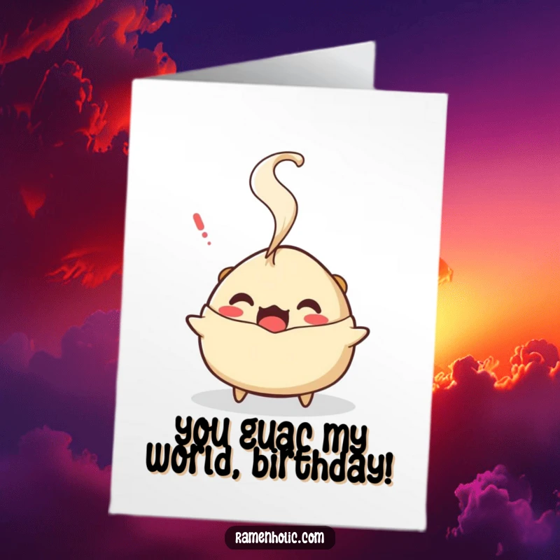 Funny Free Printable Birthday Card: A surprised gyoza character, steam puffing out, expressing shock and delight hilariously.