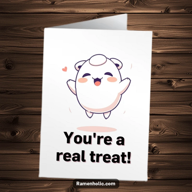 Funny Free Printable Birthday Card: Giggling Dumpling Character Bouncing with Uncontainable Joy, Perfect for a Celebration.